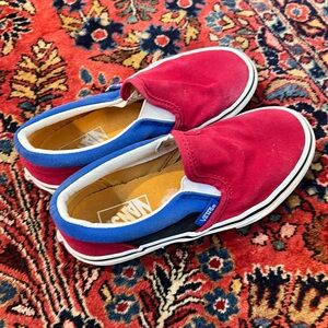 Vans Kids Red and Blue Slip-On Shoes
Runs small